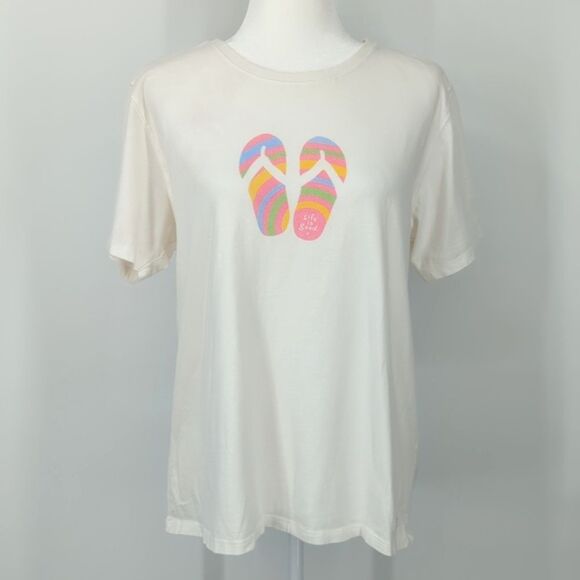 Life Is Good Off-White Pink Rainbow Flip-Flop Summer 100% Cotton T-shirt Large - Picture 1 of 8